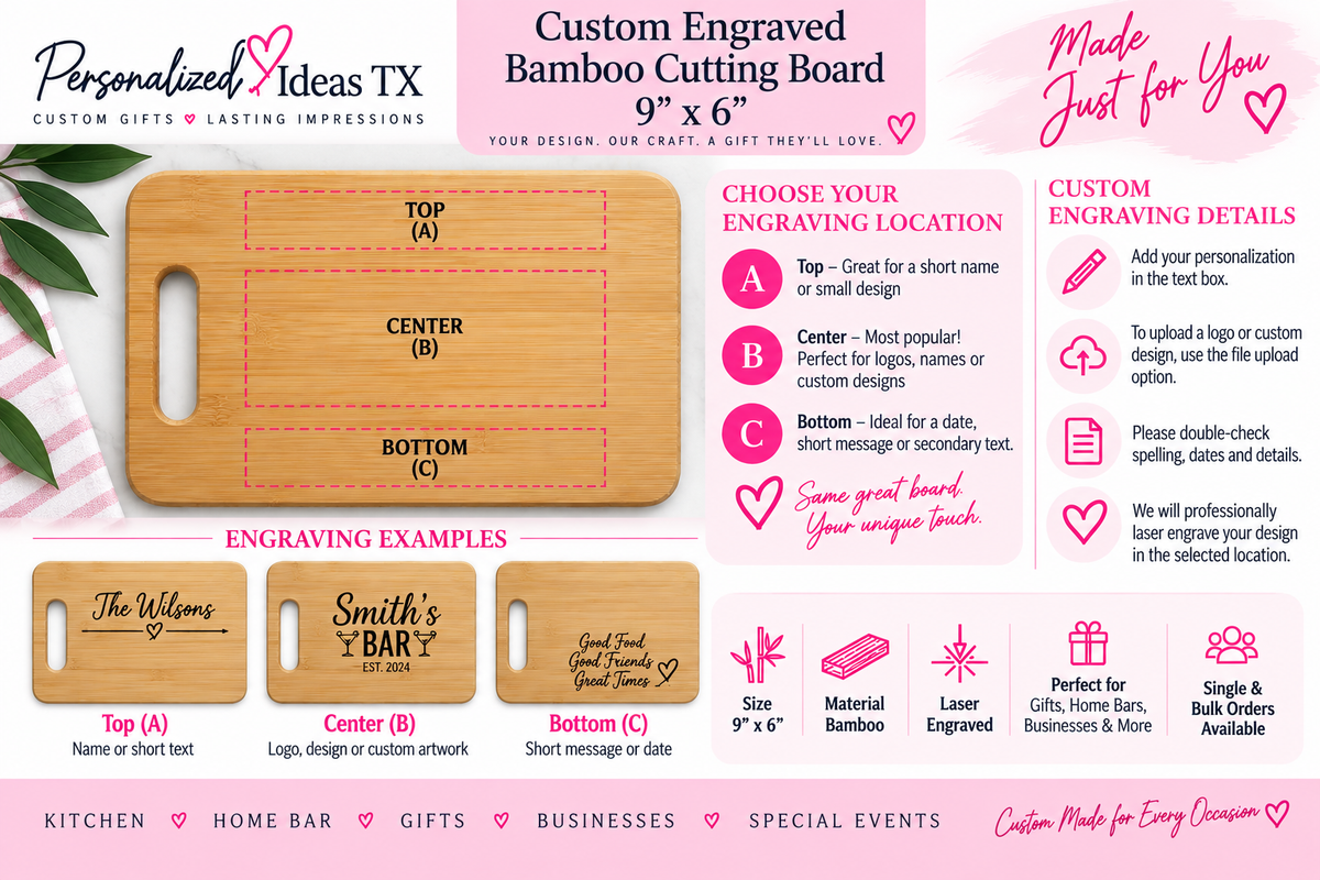Custom Engraved Bamboo Bar Cutting Board – 9" x 6"