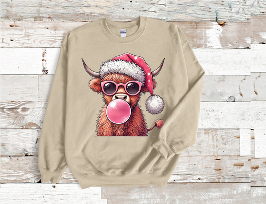 Highland Christmas Cow, sun glasses and bubble gum, Sweatshirt (HTV)