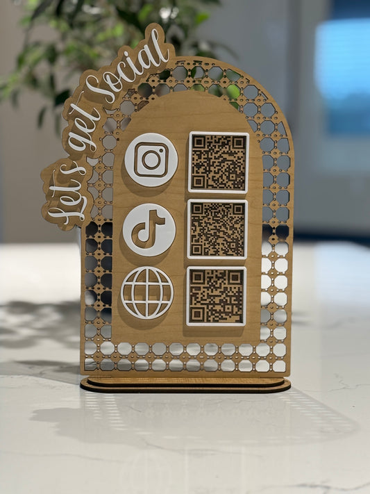 15x10 social media sign made of wood and acrylic with 3 QR codes.