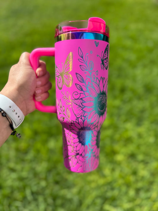 Sunflowers and Butterflies 40 oz Quencher Rainbow Plated Tumbler