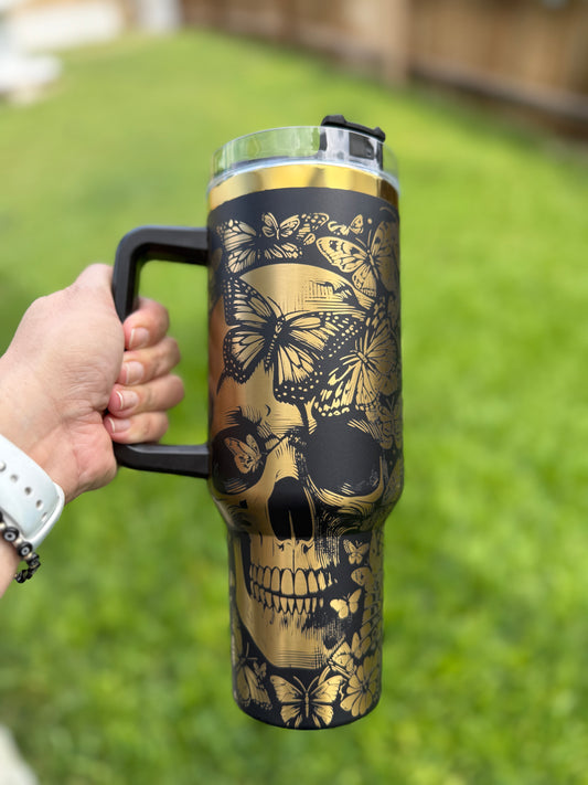Skull and butterflies 40 oz Quencher Gold Plated Tumbler