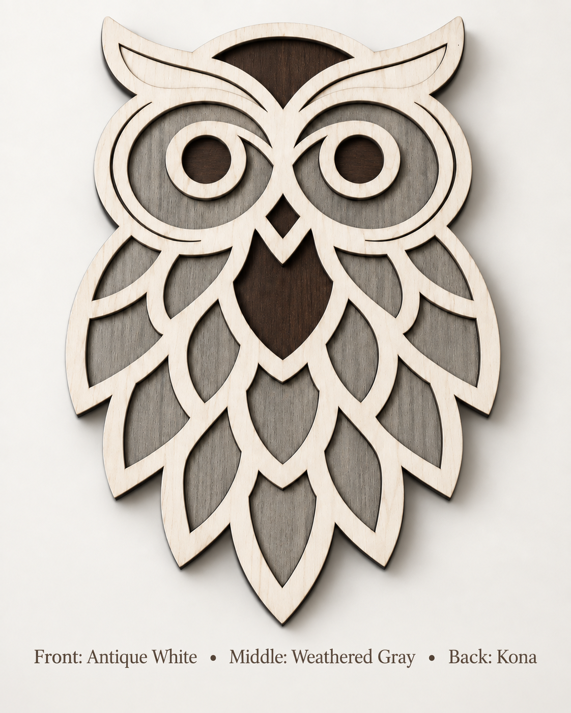 Three-layer birch wood owl wall decor in Antique White, Weathered Gray and Kona