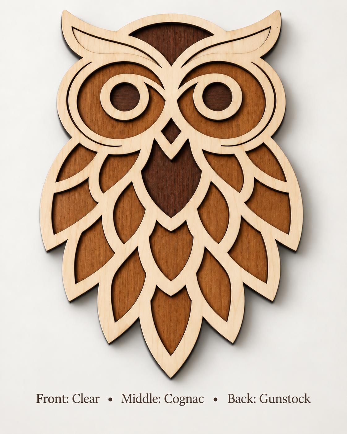 Three-layer birch wood owl wall decor in Clear, Cognac and Gunstock