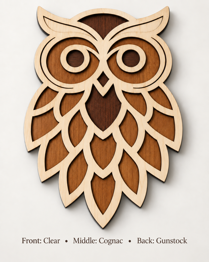 Three-layer birch wood owl wall decor in Clear, Cognac and Gunstock