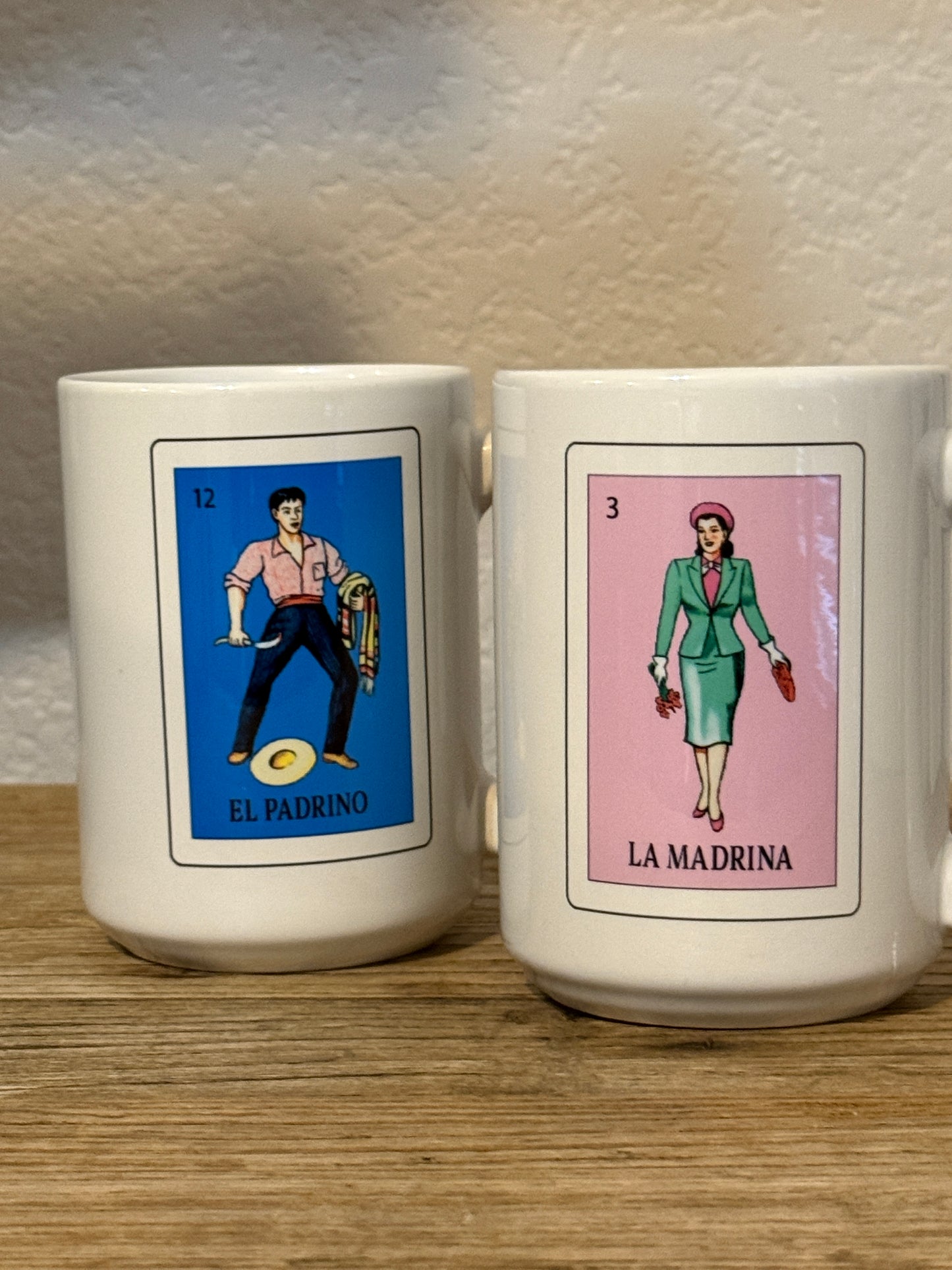 White Loteria El Padrino, la Madrina, mugs, Loteria mugs, 15 oz mugs Set or single