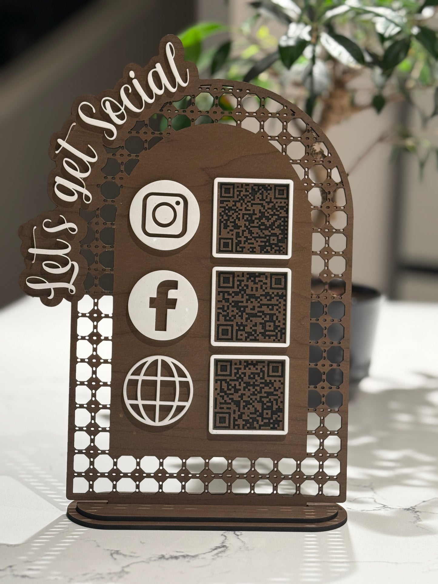 15x10 social media sign made of wood and acrylic with 3 QR codes.