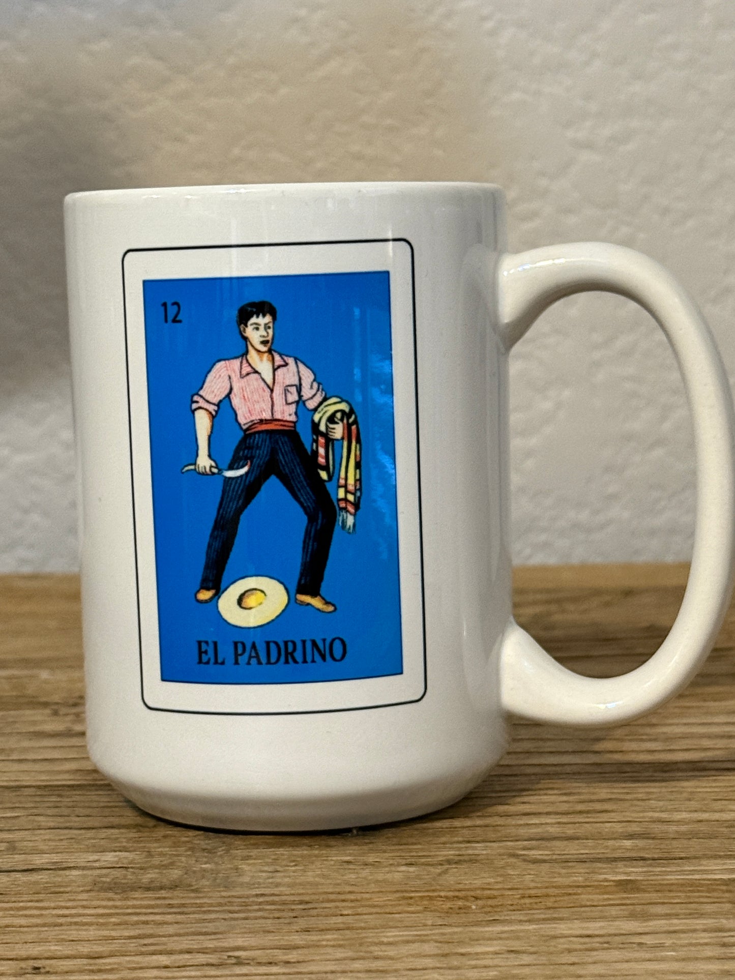 White Loteria El Padrino, la Madrina, mugs, Loteria mugs, 15 oz mugs Set or single