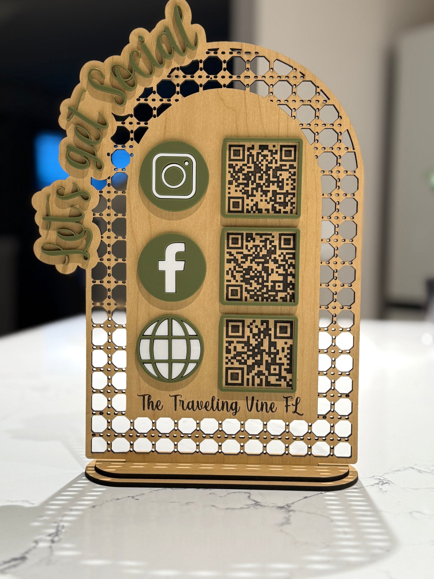 15x10 social media sign made of wood and acrylic with 3 QR codes.