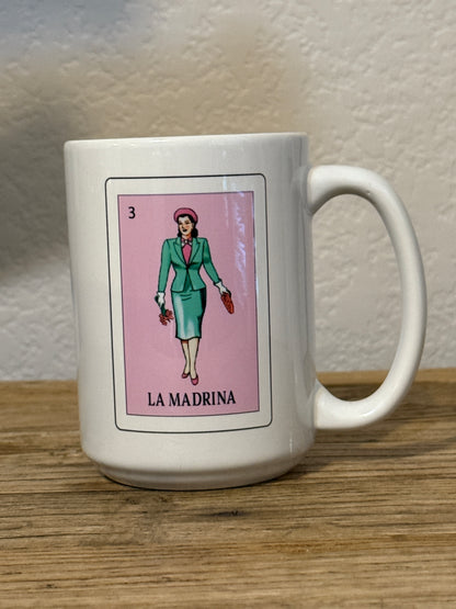 White Loteria El Padrino, la Madrina, mugs, Loteria mugs, 15 oz mugs Set or single