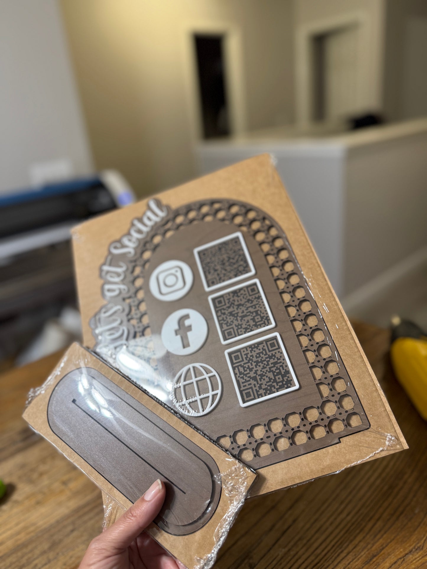 15x10 social media sign made of wood and acrylic with 3 QR codes.