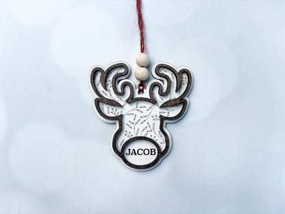 Personalized Reindeer wooden Ornament – “Oh Deer Christmas Is Here” Custom Name Reindeer Head