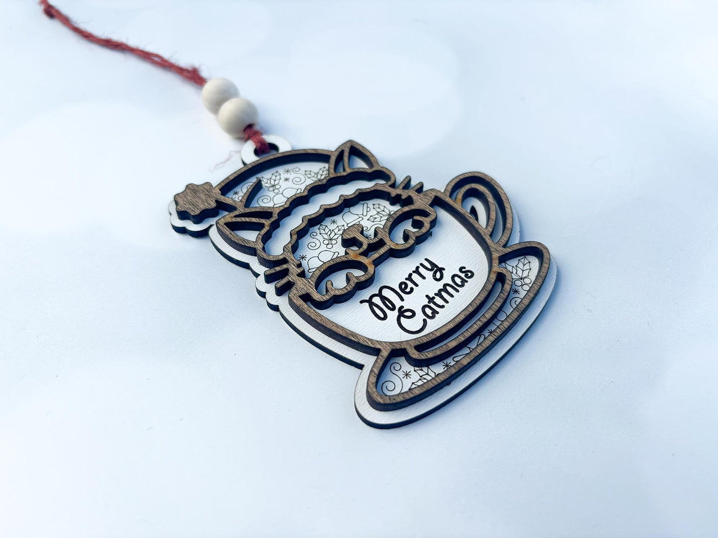 Personalized Cat Ornament | Custom Pet Name or “Merry Catmas” | Layered Wood Christmas Ornament