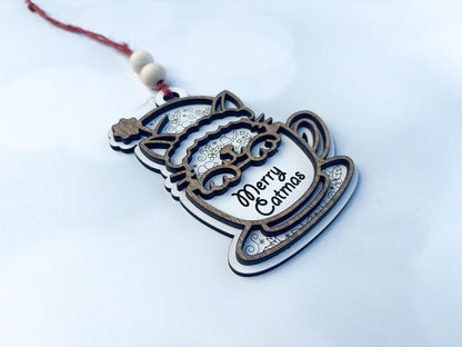 Personalized Cat Ornament | Custom Pet Name or “Merry Catmas” | Layered Wood Christmas Ornament