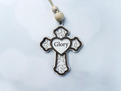 Christian Cross Ornament – “Glory” or “Jesus Is Love” Wooden Ornament | Faith Gift, Religious Christmas Decor, Laser Engraved Wood Ornament