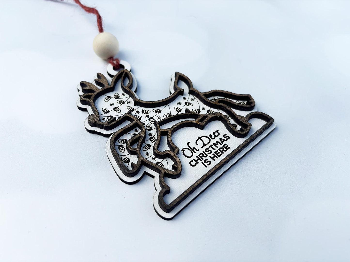 Personalized Reindeer wooden Ornament – “Oh Deer Christmas Is Here” Custom Name Reindeer Head