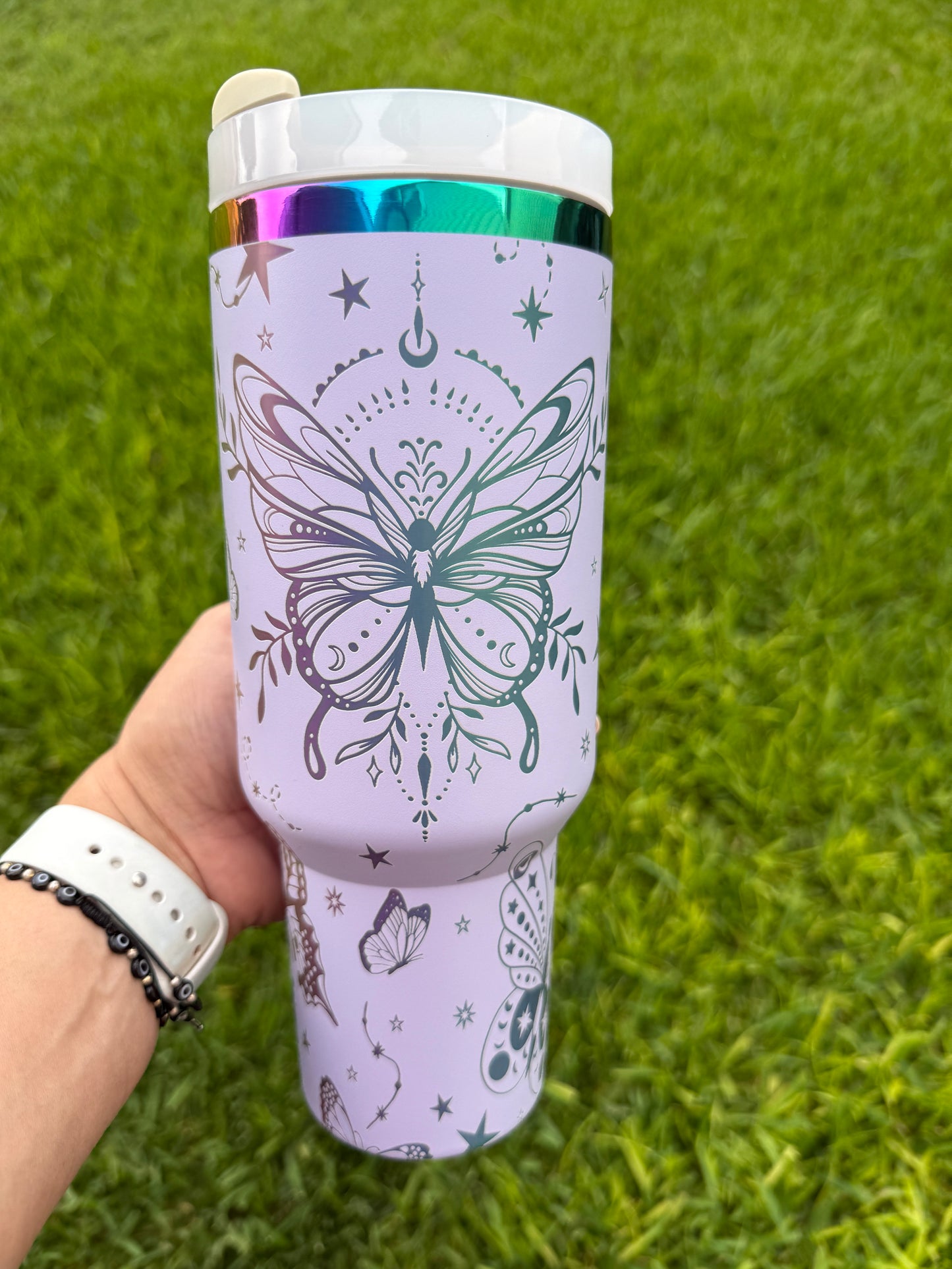 Butterflies and stars mystical 40 oz Quencher  Rainbow Plated Tumbler