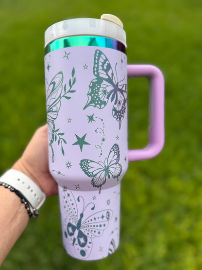 Butterflies and stars mystical 40 oz Quencher  Rainbow Plated Tumbler