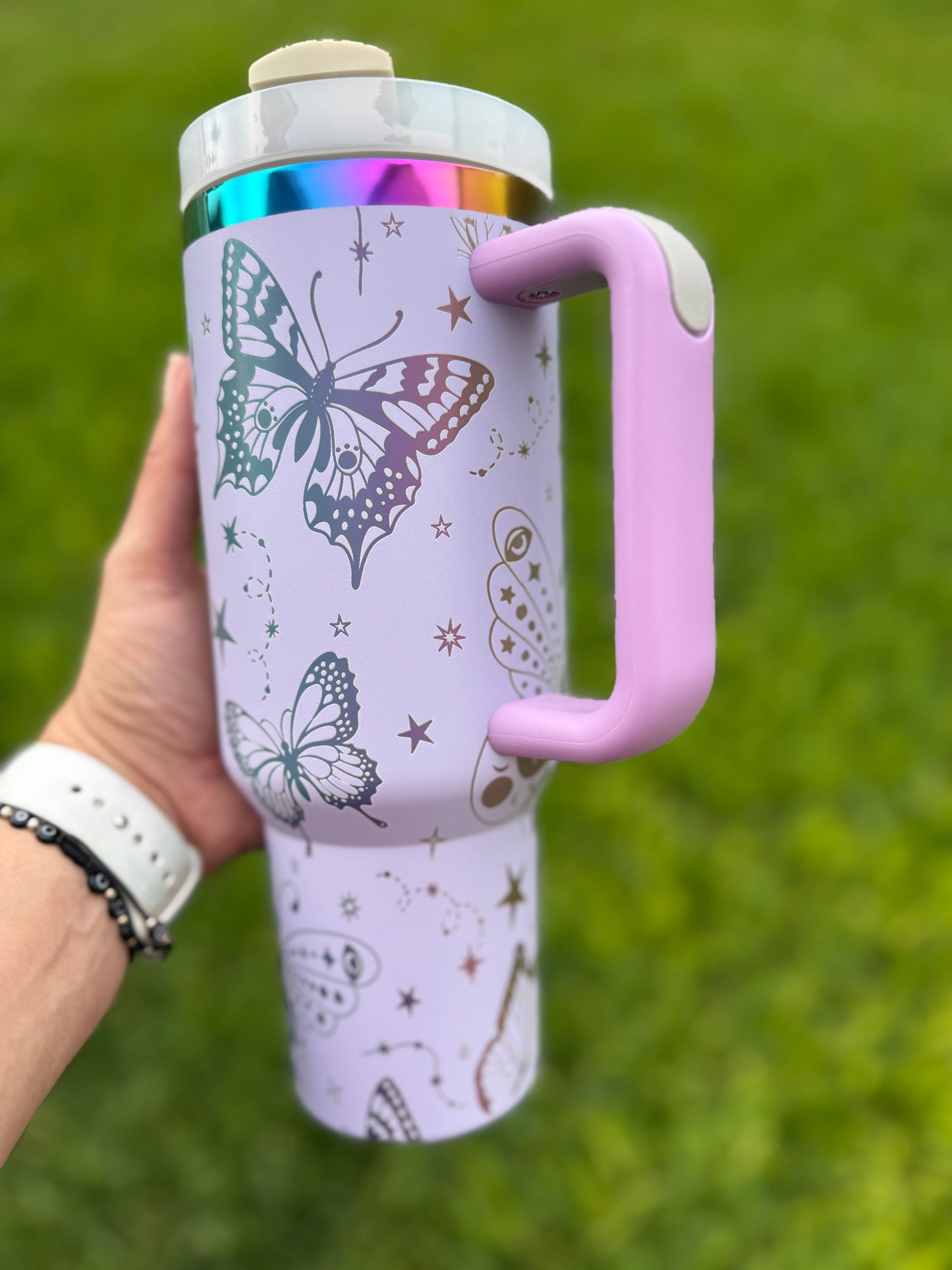 Butterflies and stars mystical 40 oz Quencher  Rainbow Plated Tumbler