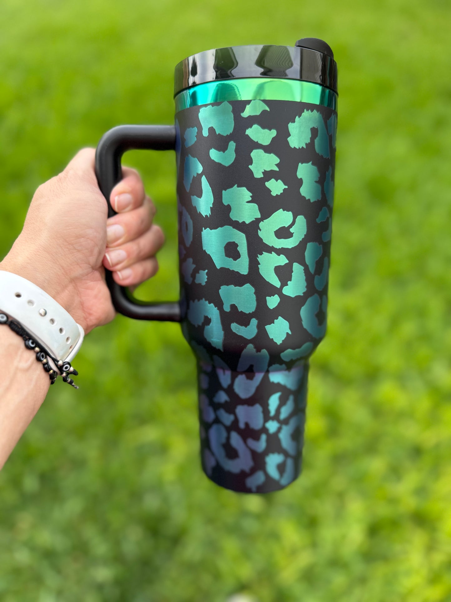 Leopard Print Laser Engraved 40 oz Quencher  Rainbow Plated Tumbler