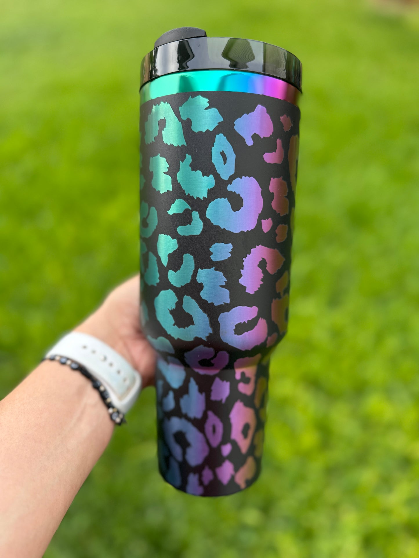 Leopard Print Laser Engraved 40 oz Quencher  Rainbow Plated Tumbler