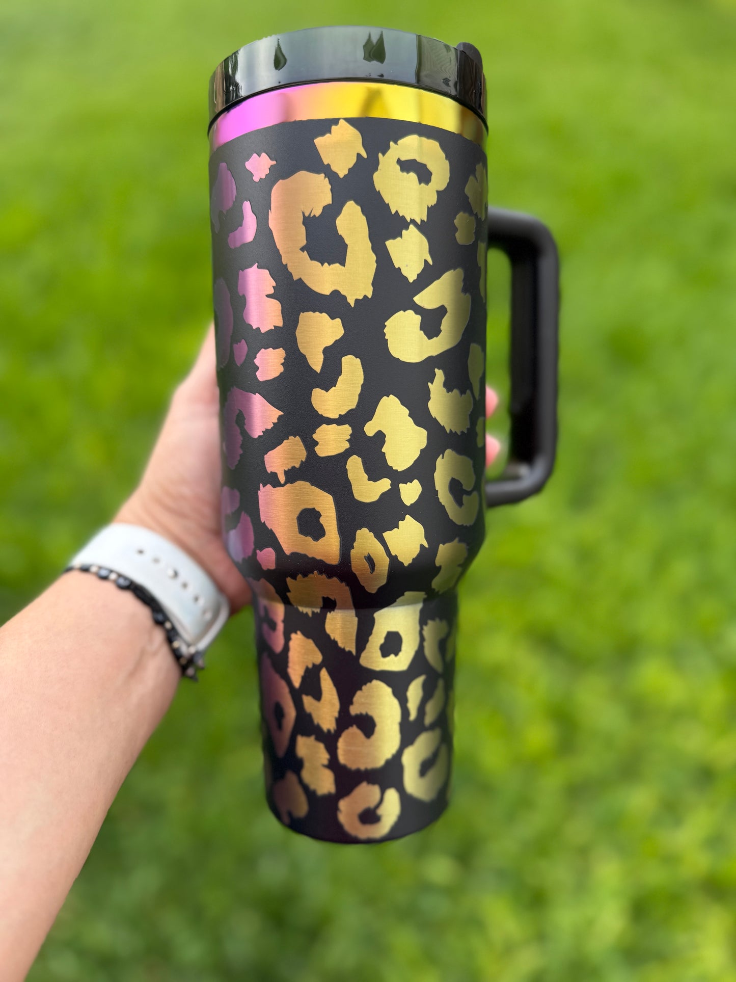 Leopard Print Laser Engraved 40 oz Quencher  Rainbow Plated Tumbler