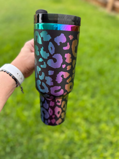 Leopard Print Laser Engraved 40 oz Quencher  Rainbow Plated Tumbler