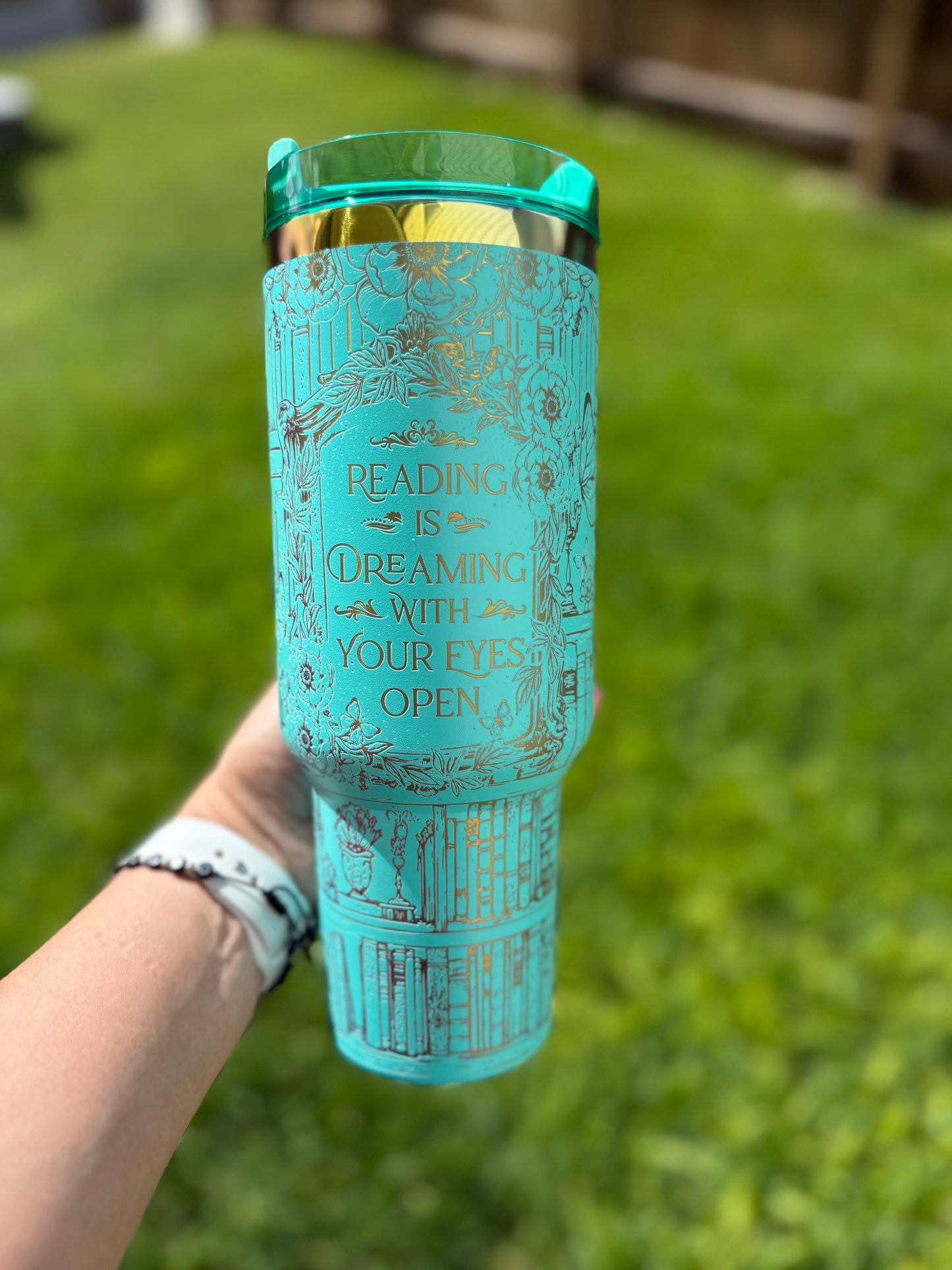 Reading is dreaming with your eyes open 40 oz Quencher  Rainbow Plated Tumbler