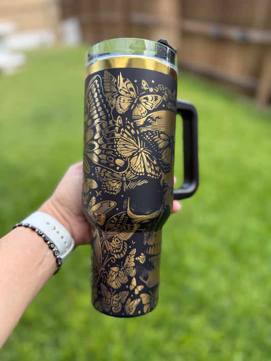 Skull and butterflies 40 oz Quencher  Gold  Plated Tumbler