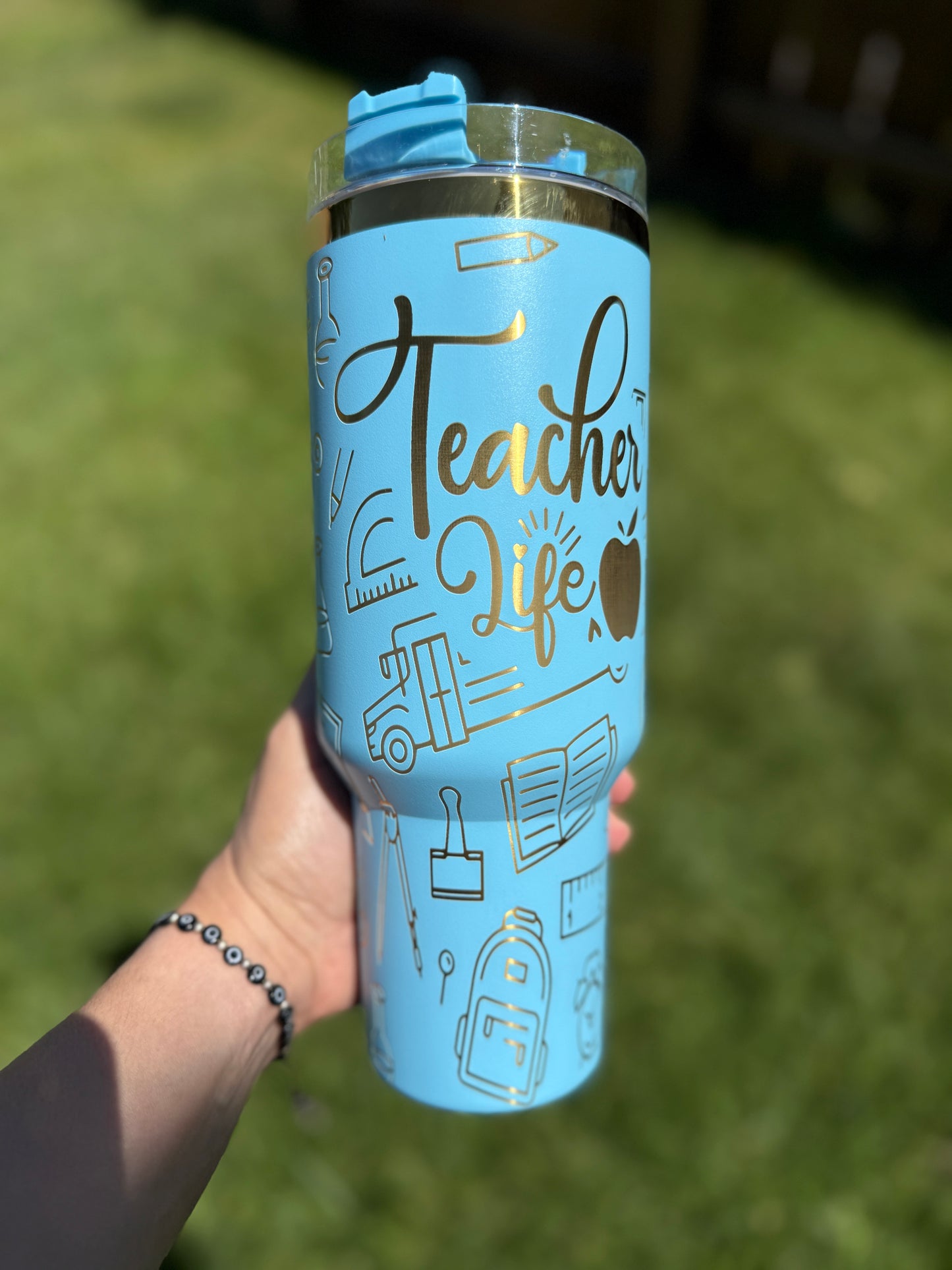 Teacher life, teach, love, inspire 40 oz Quencher  Gold  Plated Tumbler