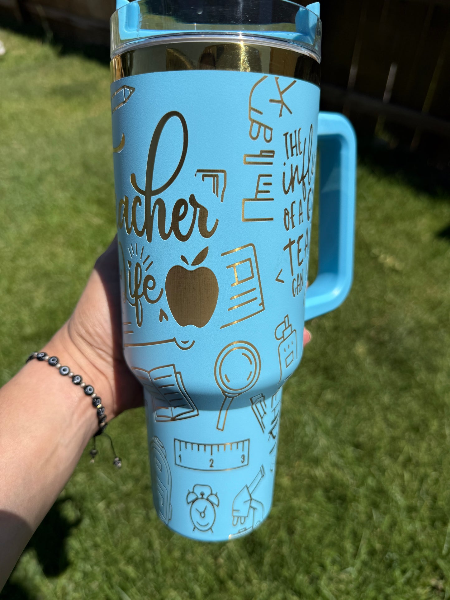 Teacher life, teach, love, inspire 40 oz Quencher  Gold  Plated Tumbler