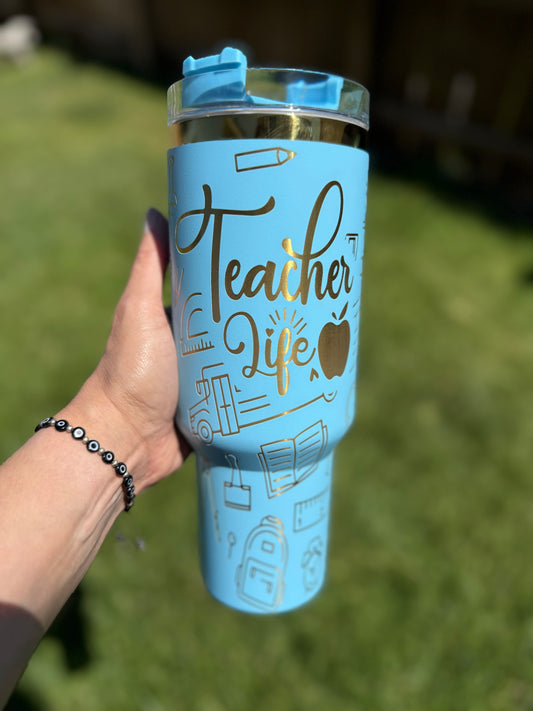 Teacher life, teach, love, inspire 40 oz Quencher  Gold  Plated Tumbler