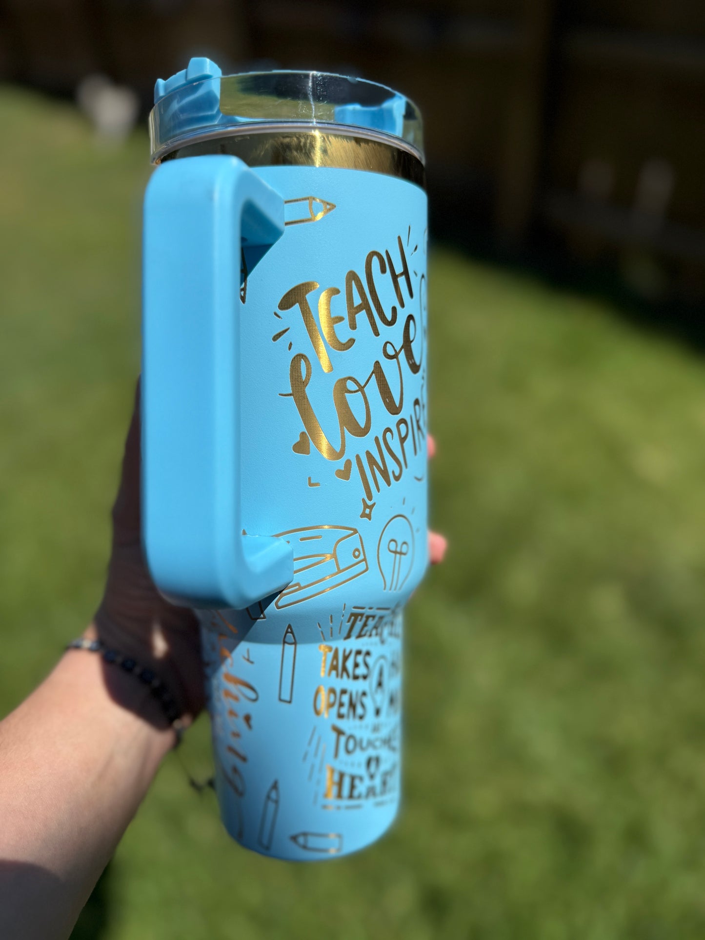 Teacher life, teach, love, inspire 40 oz Quencher  Gold  Plated Tumbler