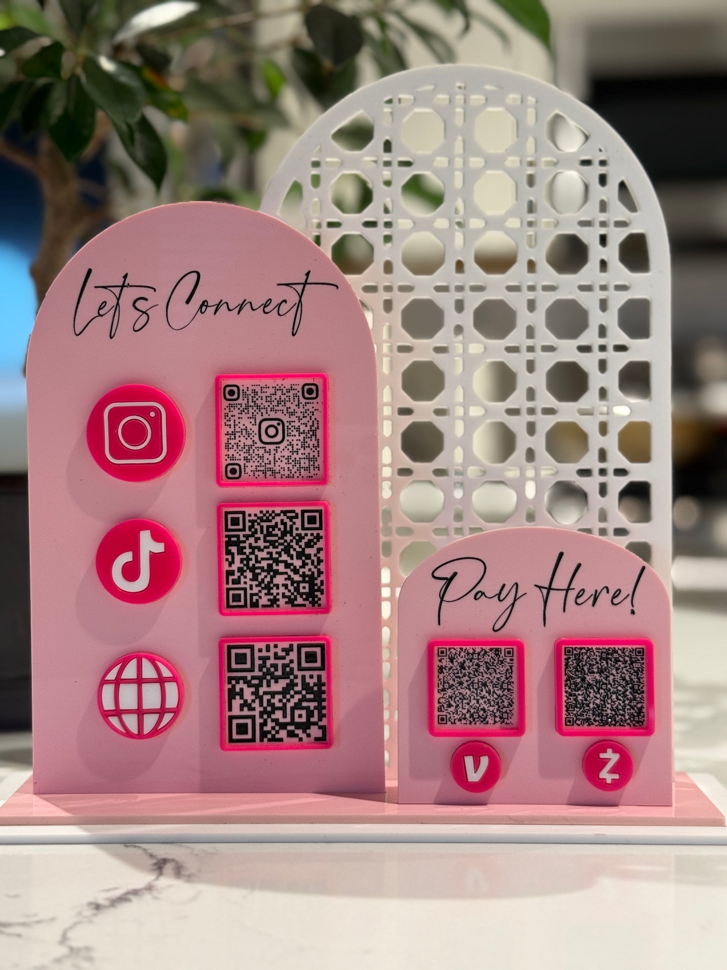 Let’s Get Social QR Code Sign + Pay Here Display Set | Custom Social Media & Payment QR Stand | Acrylic Business Sign