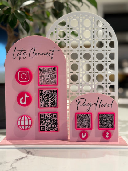 Let’s Get Social QR Code Sign + Pay Here Display Set | Custom Social Media & Payment QR Stand | Acrylic Business Sign
