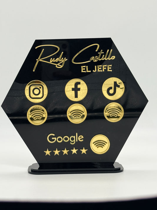 Let’s Get Social NFC Business Sign | Hexagon Acrylic Social Media Tap Sign with Stand | Custom Review & Follow Sign