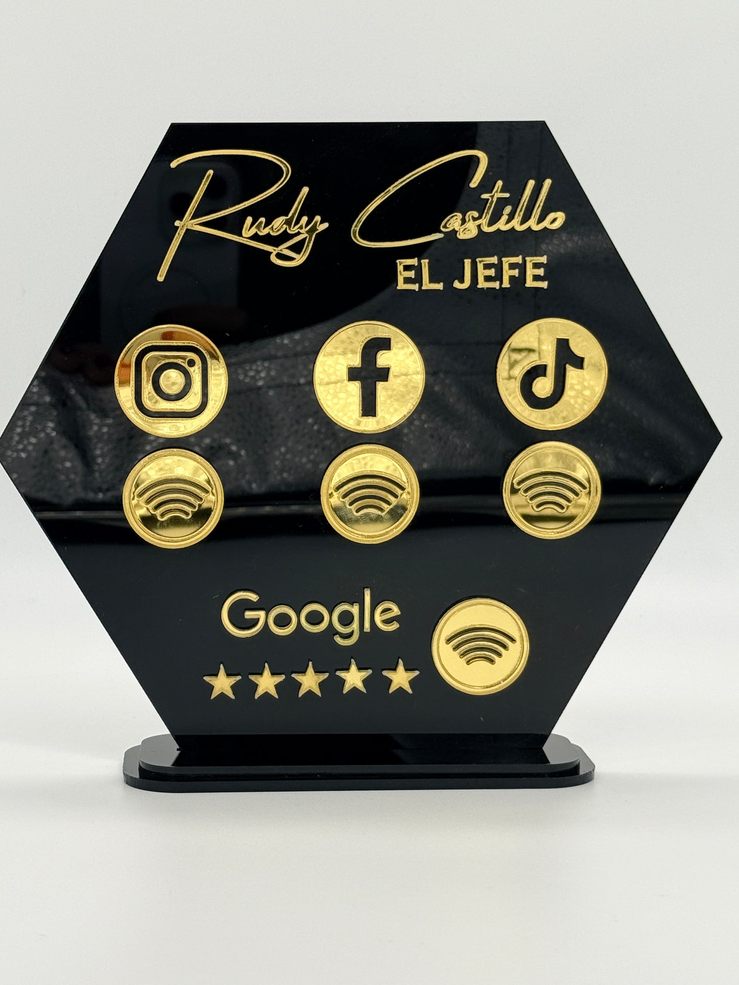 Let’s Get Social NFC Business Sign | Hexagon Acrylic Social Media Tap Sign with Stand | Custom Review & Follow Sign
