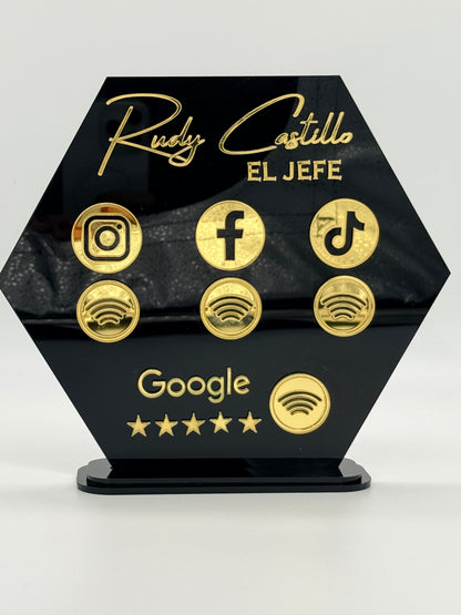 Let’s Get Social NFC Business Sign | Hexagon Acrylic Social Media Tap Sign with Stand | Custom Review & Follow Sign
