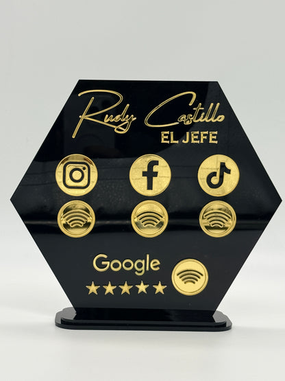 Let’s Get Social NFC Business Sign | Hexagon Acrylic Social Media Tap Sign with Stand | Custom Review & Follow Sign