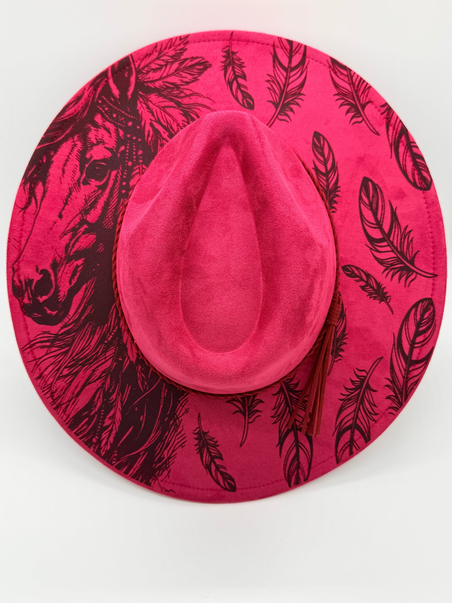 Horse and Feathers Engraved Wide Brim Hat