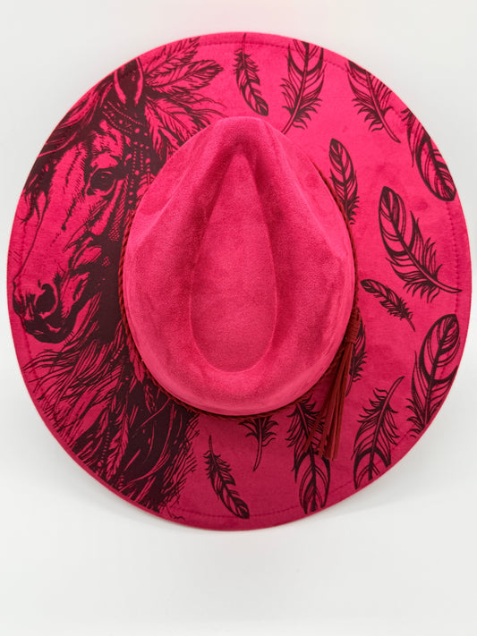Horse and Feathers Engraved Wide Brim Hat