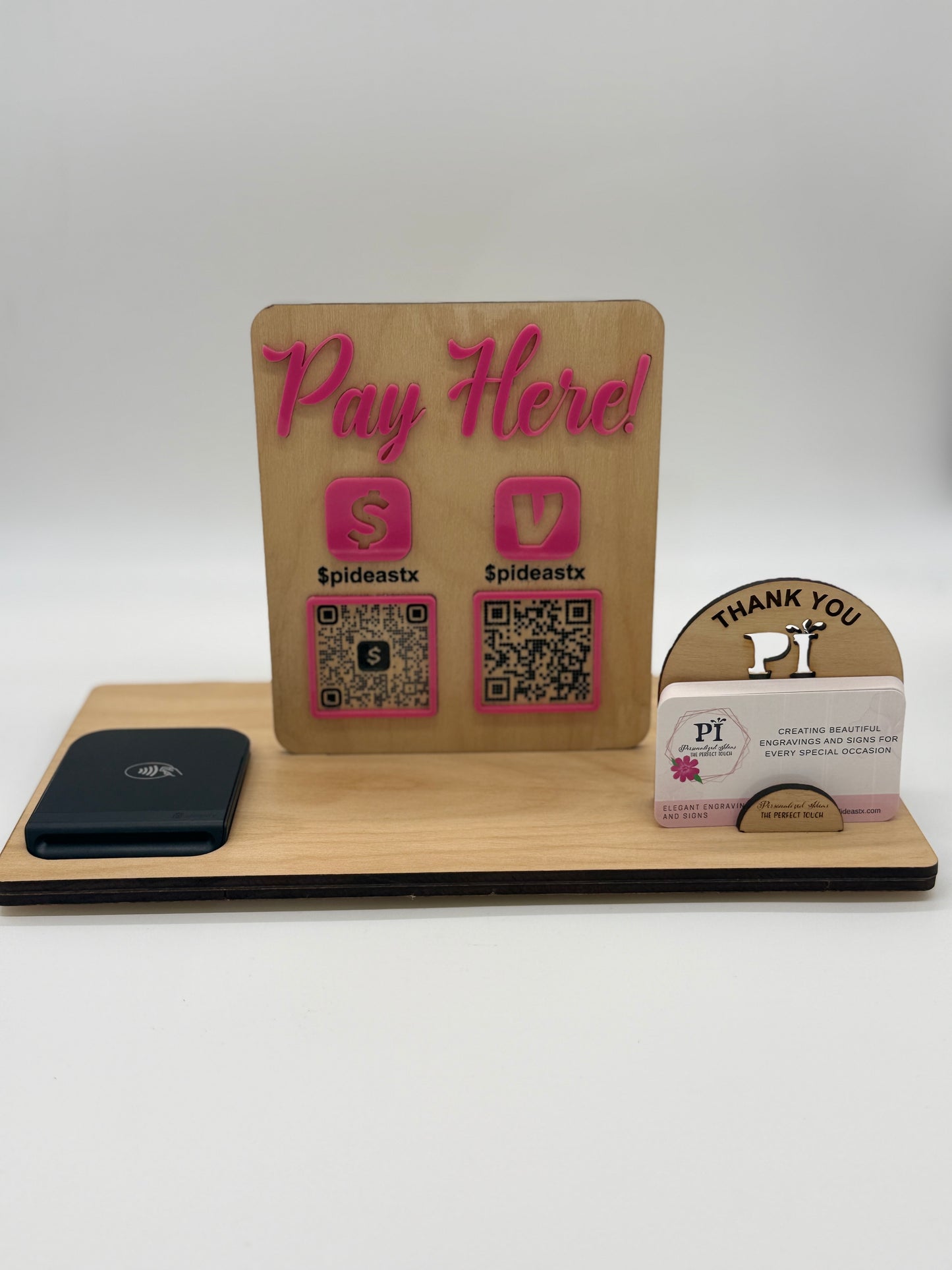 Custom Pay Here Sign with QR Codes, Business Card Holder & Wireless Payment Stand