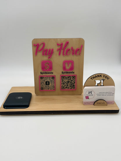 Custom Pay Here Sign with QR Codes, Business Card Holder & Wireless Payment Stand