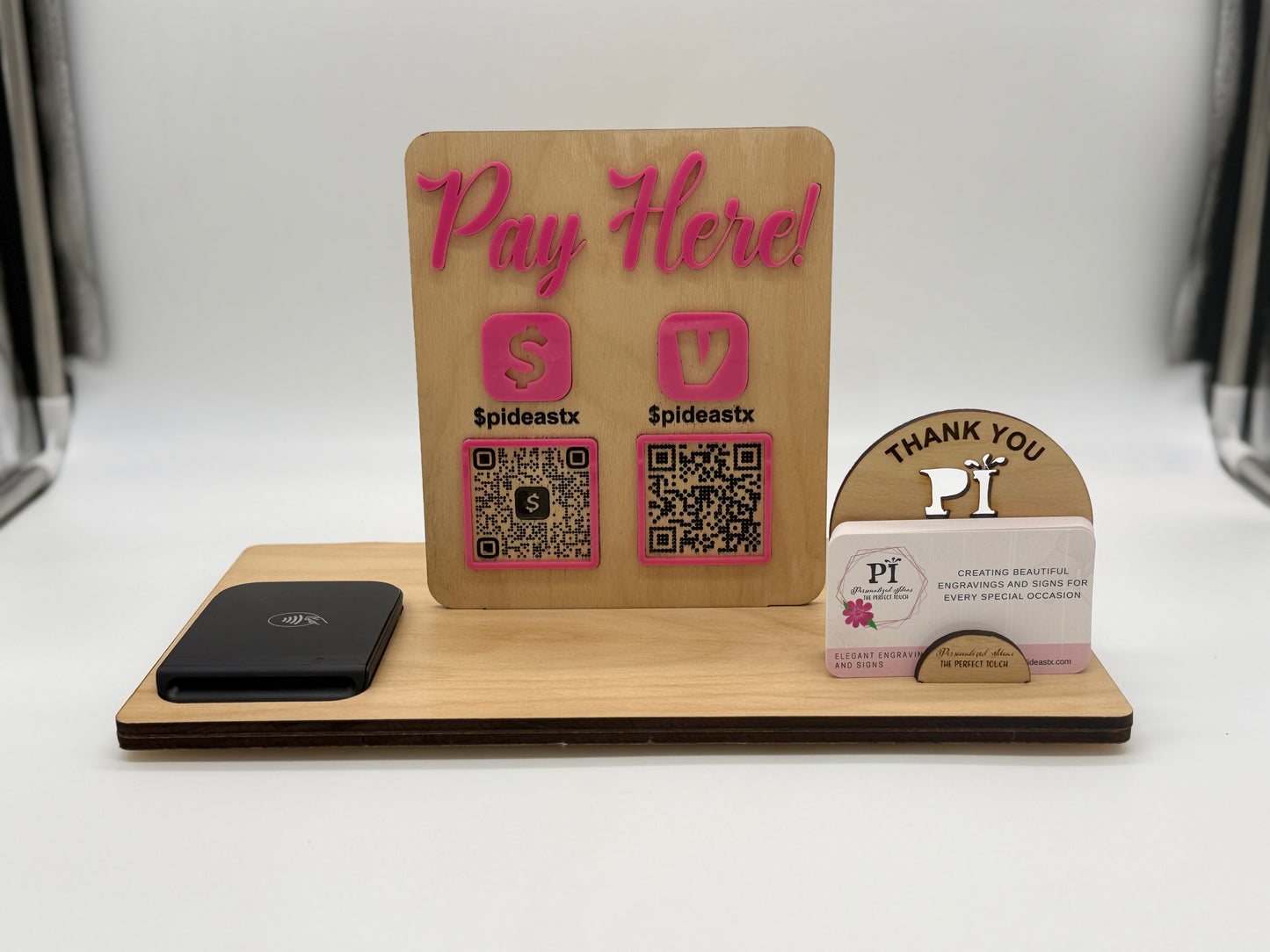 Custom Pay Here Sign with QR Codes, Business Card Holder & Wireless Payment Stand