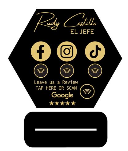 Let’s Get Social NFC Business Sign | Hexagon Acrylic Social Media Tap Sign with Stand | Custom Review & Follow Sign