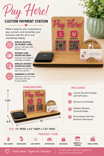 Custom Pay Here Sign with QR Codes, Business Card Holder & Wireless Payment Stand