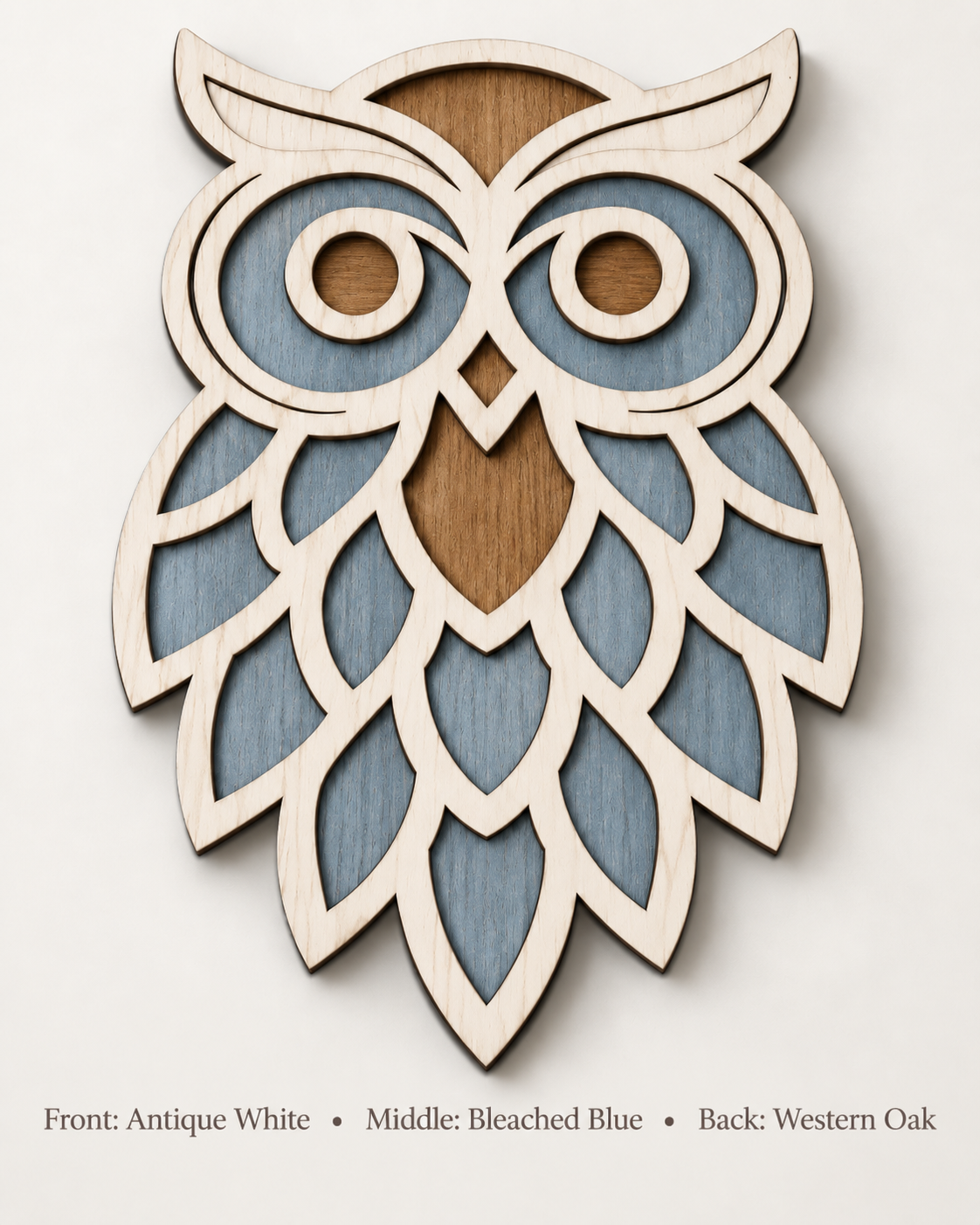 3-layer birch wood owl - Antique White front, Bleached Blue middle, Western Oak back