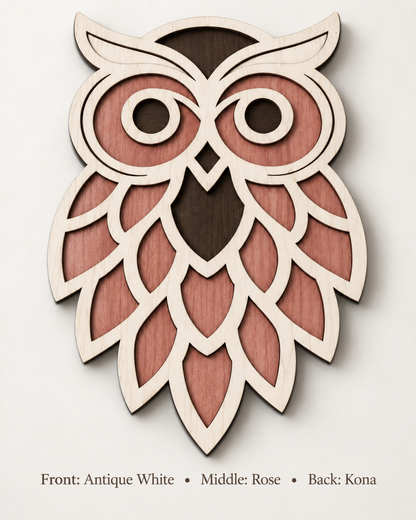 3-layer birch wood owl - Antique White front, Rose middle, Kona back