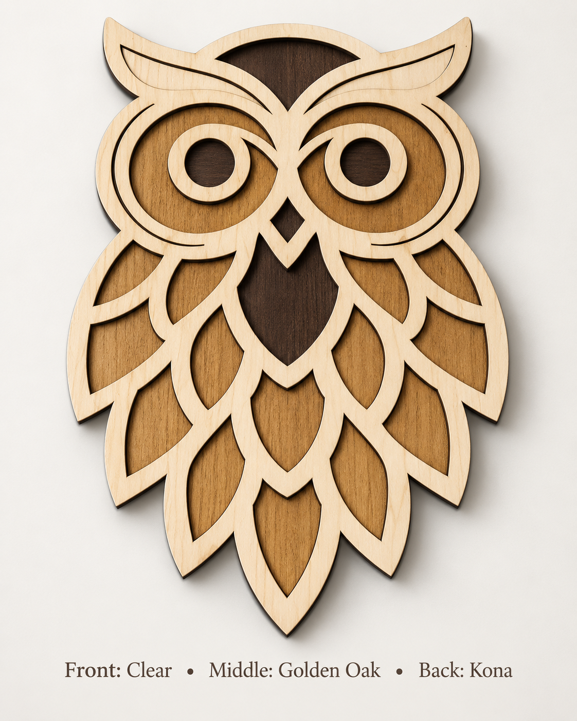 3-layer birch wood owl - Clear front, Golden Oak middle, Kona back