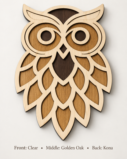 3-layer birch wood owl - Clear front, Golden Oak middle, Kona back