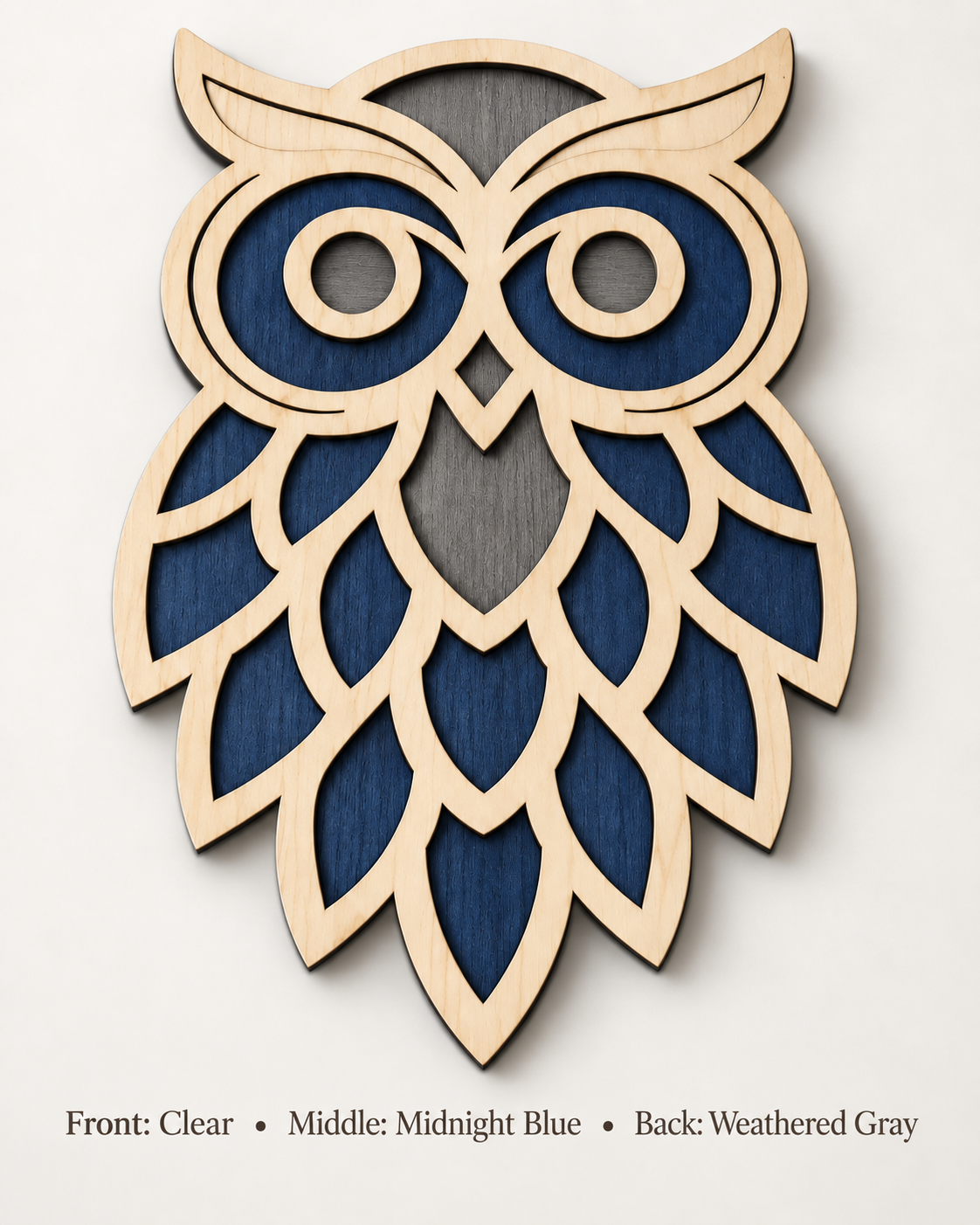 3-layer birch wood owl - Clear front, Midnight Blue middle, Weathered Gray back
